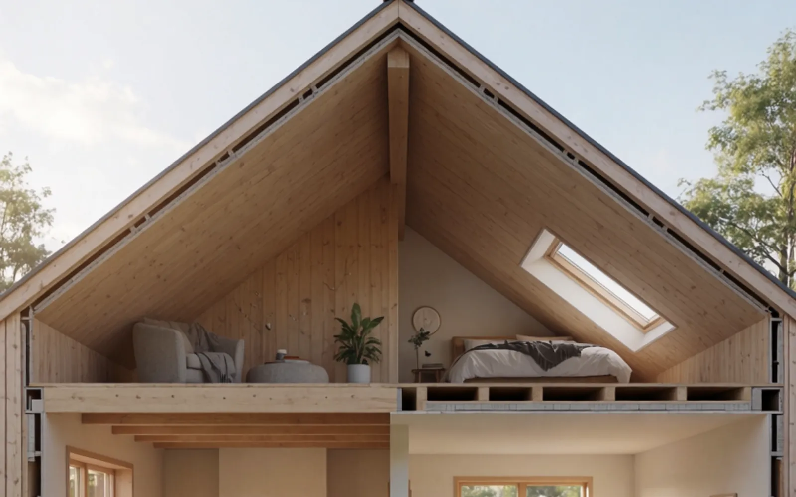 Snitt av bolig med innredet loft og kjeller