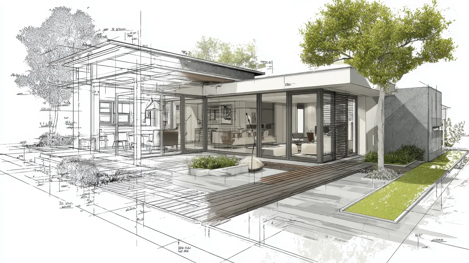 Arkitekttegning som går fra håndskisse til ferdig fotorealistisk render av en moderne enebolig