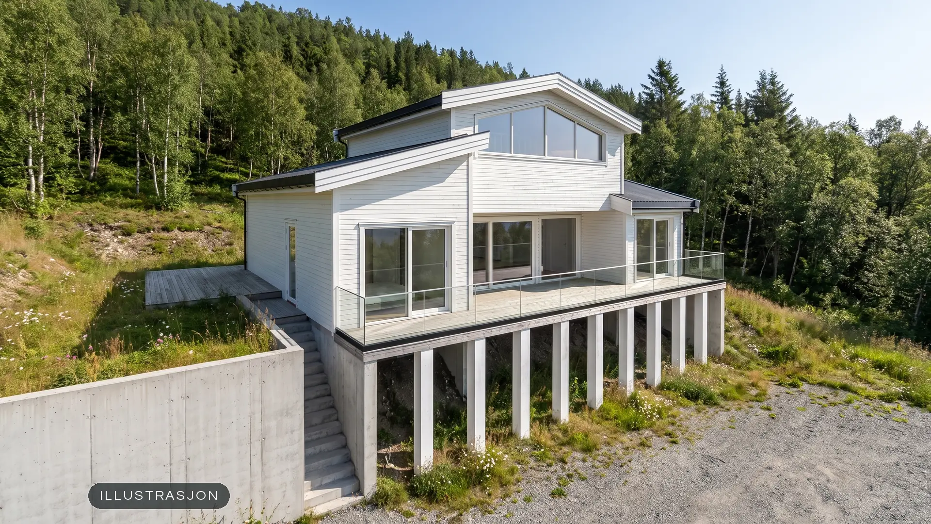 Illustrasjon: hvit bolig i bratt terreng med tilbygg, påbygg og stor terrasse på søyler